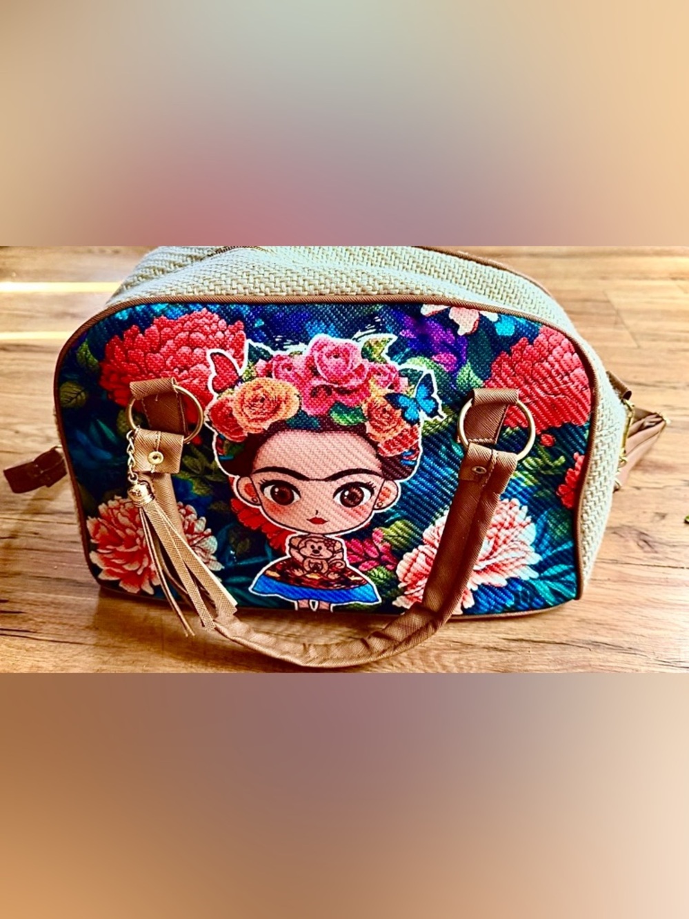 Frida Kahlo Floral Graphic Tote Bag - Brown and Multicolor - Picture 2 of 4